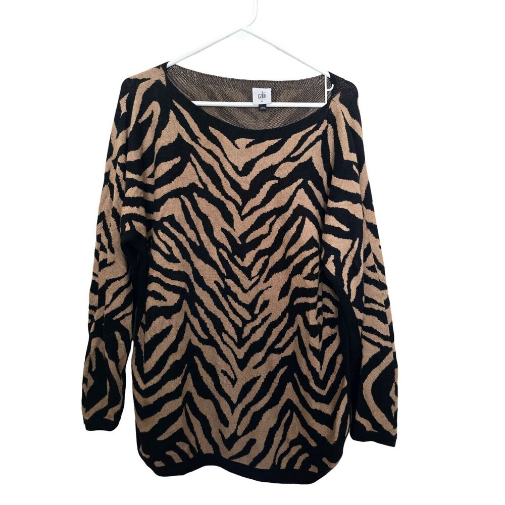Cabi Womens Medium Zebra Print Sweater Black & Beige Knit Crew‎ Neck Long Sleeve